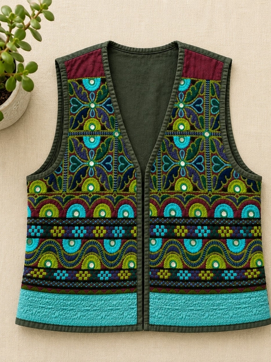 Handmade Jackets & Blazers - Vintage Embroidered Mirror Vest Boho Festival Hippie Folk Art M
